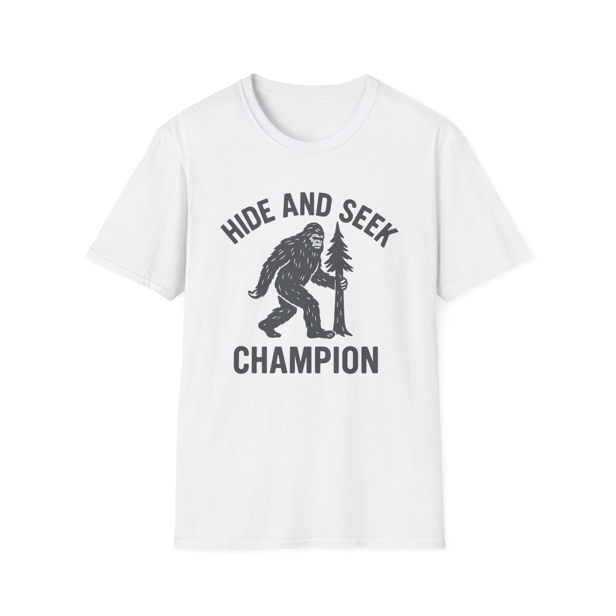 Bigfoot Hide and Seek Champion Unisex Softstyle T-Shirt, Sasquatch Tee, Funny Cryptid Shirt, Mythical Creature Top, Forest Monster Clothing